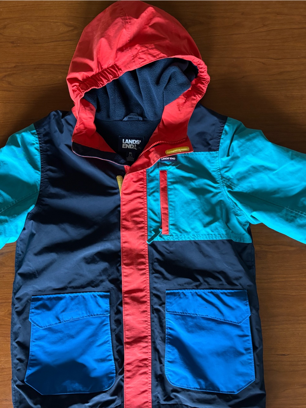 Lands' End Kids Suall Colorblock Hooded Jacket in Navy, Red, Teal. Size 14/16